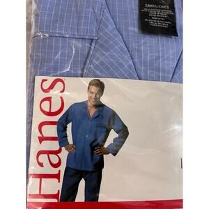 Hanes Men’s Pajama Set Long Sleeve Long Leg Blue Plaid Woven Sleepwear Size Sm
